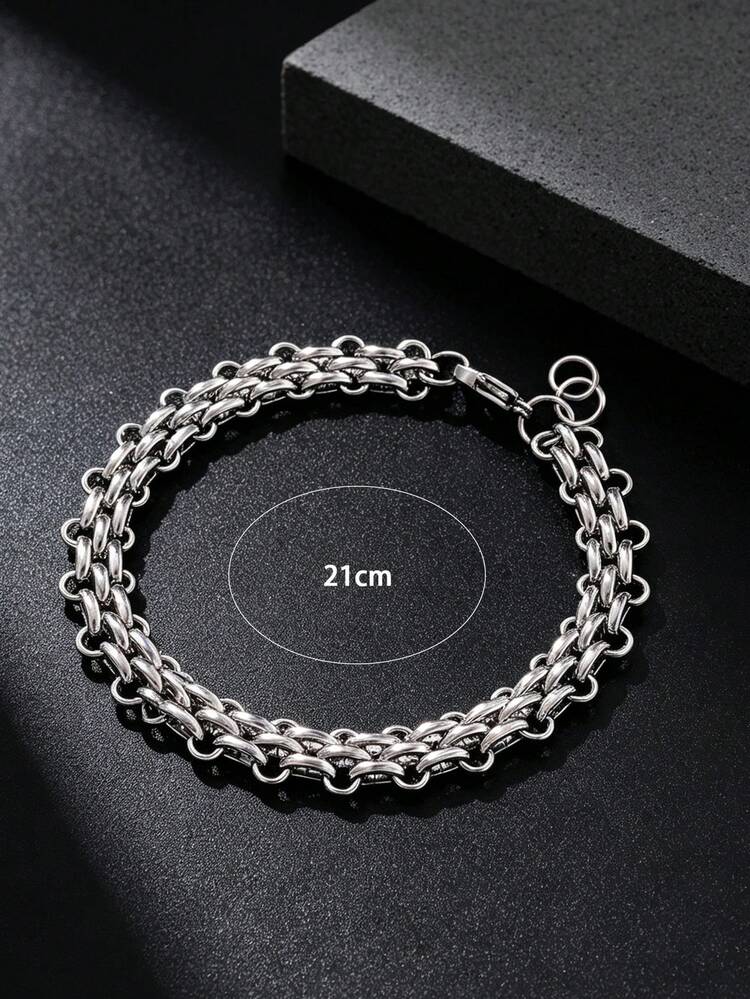 1pc Men's Stainless Steel Interlocking Chain Bracelet, Daily Streetwear Fashion Accessory - Silver - View 3