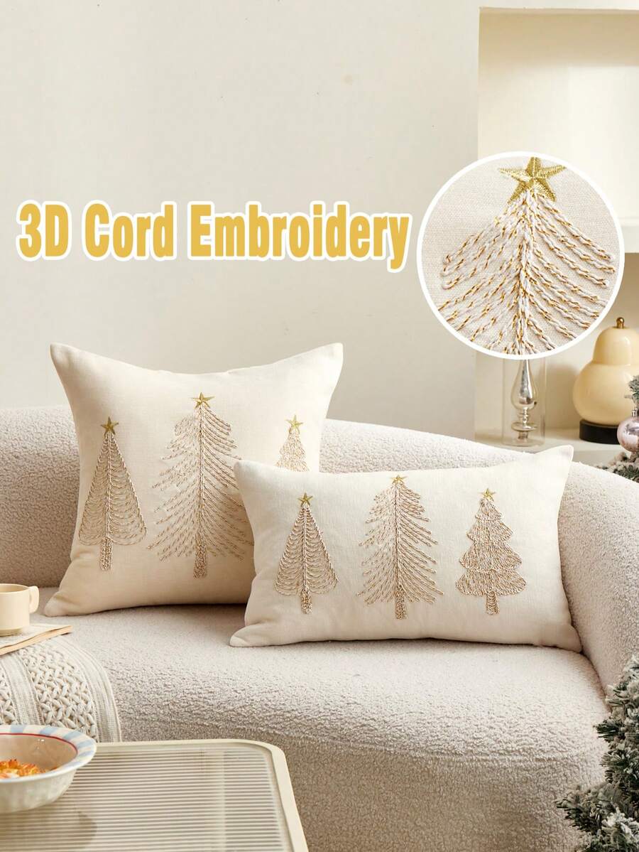 1Pc Corded Embroidery Christmas Tree Pillow Case, Chenille Decorative Cushion Cover With Hidden Zipper, Sofa Home Christmas Decor, Pillow Insert Not Included - Beige - View 1