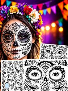 12 Sheets Halloween Sugar Skull Face Temporary Stickers, Day Of The Dead Floral Skull Full Face Stickers, Cosplay Festival Party Face Decorations - Multicolor - View 2