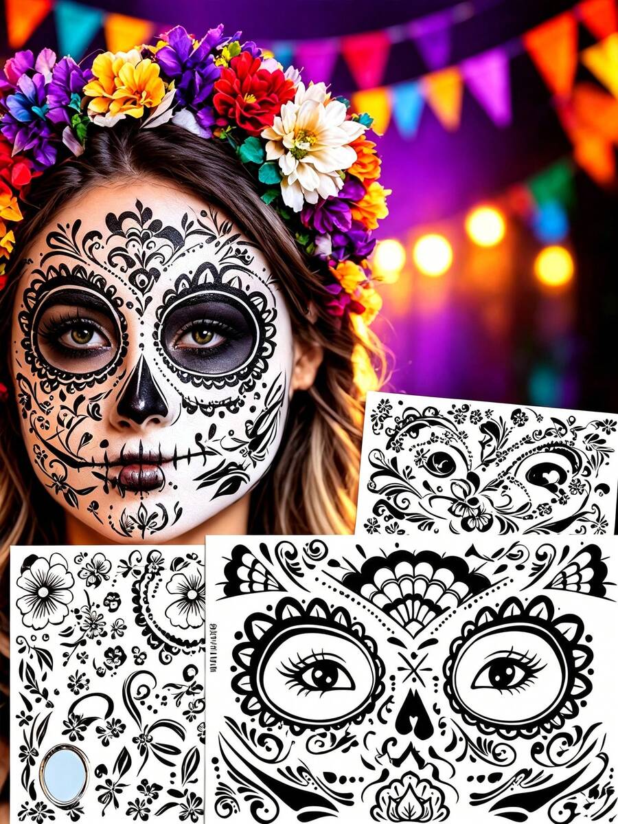 12 Sheets Halloween Sugar Skull Face Temporary Stickers, Day Of The Dead Floral Skull Full Face Stickers, Cosplay Festival Party Face Decorations