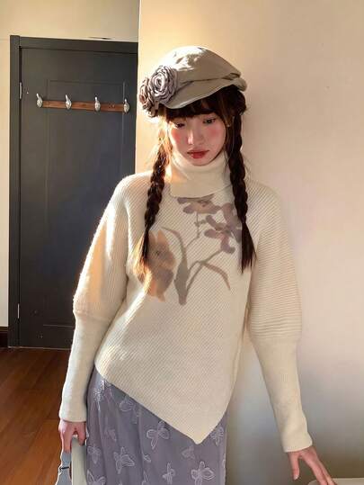 Women's Slouchy High Neck Batwing Sleeve Loose Sweater, Autumn/Winter Cape, Vintage Print Hem Asymmetrical Knit Top