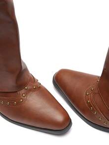 Okurime. Vintage Brown Rivet High Shaft Boots, French Style Women's Thick Heel Versatile Western Cowboy Boots - Brown - View 4