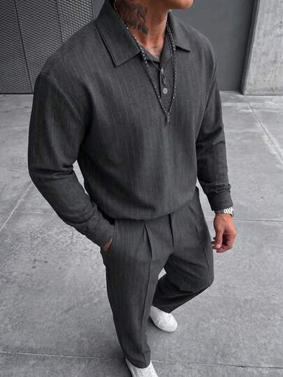 Men's Striped Shirt Set Long Sleeve Lapel Button-Up Top With Drawstring Pants Minimalist Street Style