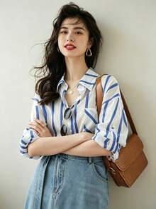 YUXIN Women's French Style Blue Stripe Shirt Oversized Collared Button Up Long Sleeve Fresh Casual Top For Vacation Date Weekend Office Fall Wear - Blue - View 9