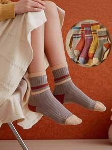 5 Pairs Women Retro Color Block Striped Mid-Calf Socks, Soft Cozy Warm Casual Socks For Fall Winter - Multicolor - View 11