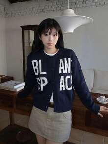Cardigan Rajut Jacquard Huruf Longgar Gaya Korea, Jaket Rajut Pendek Longgar Leher Bulat Kancing Tunggal untuk Wanita - Navy Blue - View 1