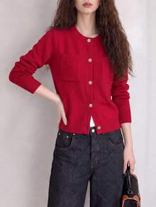 Women's Vintage Red Knit Cardigan, Gold Buttons, Long Sleeve Crew Neck Sweater, Winter Warm - Red - View 4