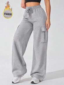 Women's High Waist Thermal Lined Cargo Sweatpants With Drawstring Elastic Waist And Side Pockets Wide Leg Casual Pants - Light Grey - View 3