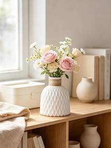 1pc Textured Vase, White Matte Wavy Pattern Vase With Rope Decor, Minimalist Farmhouse Style Decoration, Suitable For Dining Table, Living Room And Wedding Centerpiece Decor, Matte Farmhouse Style Decoration, Rope Decor Vase, Minimalist Gift - 1pc - View 2