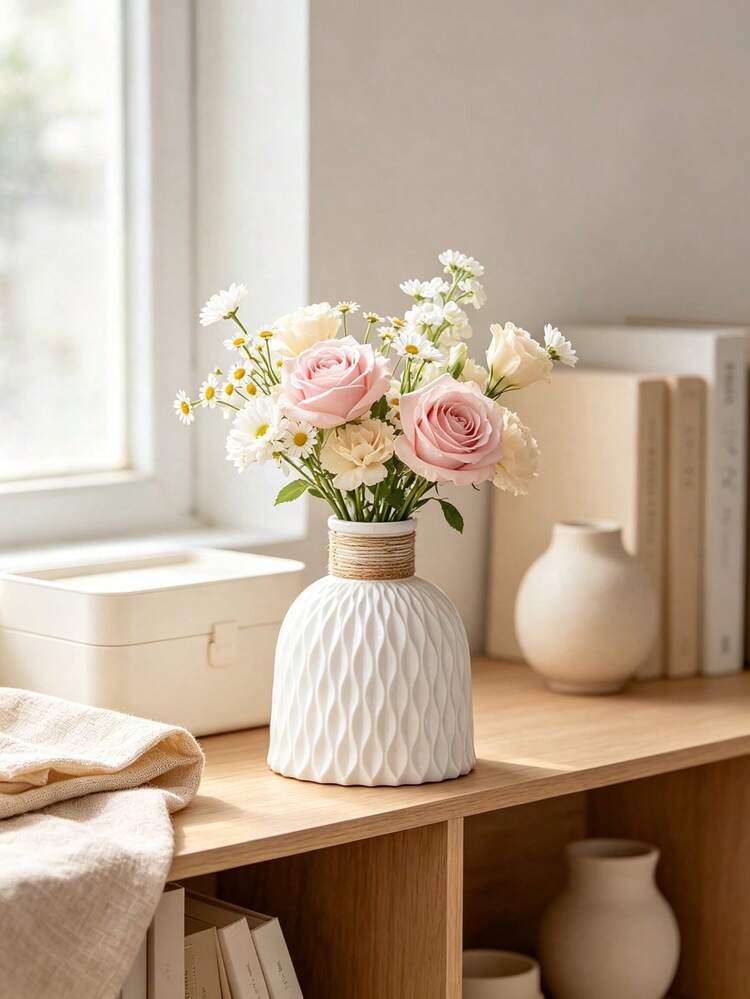 1pc Textured Vase, White Matte Wavy Pattern Vase With Rope Decor, Minimalist Farmhouse Style Decoration, Suitable For Dining Table, Living Room And Wedding Centerpiece Decor, Matte Farmhouse Style Decoration, Rope Decor Vase, Minimalist Gift - 1pc - View 2