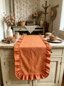1pc Vintage Orange Ruffle Edge Table Runner, Suitable For Dining Table, Daily Home, Holiday Gathering, Afternoon Tea, Party Decoration, Lightweight Breathable Washable And Reusable - Orange - View 4