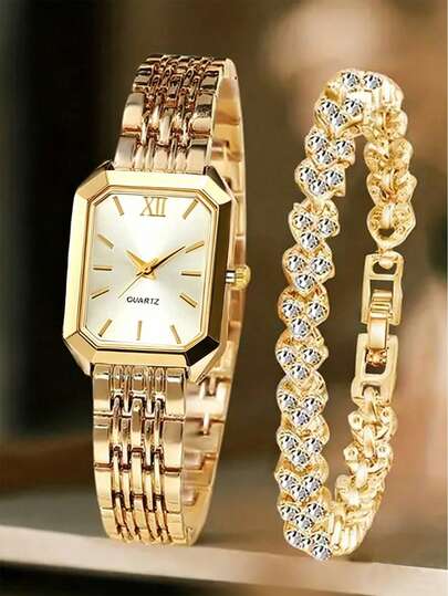 2 PIEZAS/1 PIEZA - Conjunto de reloj cuadrado dorado opcional para mujer, correa de acero inoxidable dorado, estilo elegante y de lujo, esfera pequeña con números romanos, combinado con pulsera de mujer con cristales, accesorio de mano exquisito, accesorio clásico y elegante para mujer, adecuado para el uso diario, se puede dar como regalo de graduación, regalo de cumpleaños, regalo de lujo para mujeres