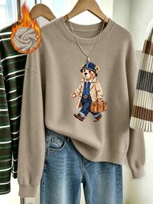 Women's Plus-Size Casual, Cute Faux-Knit Sweater Featuring A Stylish Bear Graphic-A Versatile Top Perfect For Everyday Wear In Autumn And Winter. - Camel - View 4