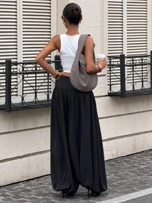Women's Black Polyester Wide Leg Harem Pants, Long Loose Fit, Front Button Design, Pleated Waistband Comfortable And Fashionable - Black - View 3