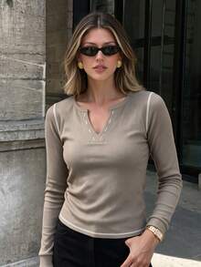 Women Casual Khaki Fall Ribbed Long Sleeve Tee, Notch Neck Contrast Stitch Slim Daily Outfit - Coffee Brown - View 2