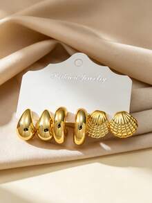 6/18pcs Anting-anting Lingkaran Emas Multi-Elemen Bentuk C, Hati, dan Tetesan Air dari Cangkang Kerang yang Elegan, Cocok untuk Pemakaian Sehari-hari Wanita, Hadiah Liburan - Emas - View 9