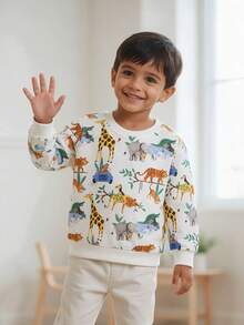 Young Girl Round Neck Long Sleeve Sweatshirt All-Over Print Wild Animals Giraffe Elephant Tiger Loose Casual Pullover Sweatshirt For Toddlers And Young Children - White - View 1