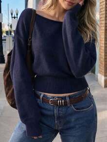 minisummer Women Elegant Fall Off‑Shoulder Long Sleeve Knit Top, Navy Blue Loose Shoulder Cropped Sweater With Ribbed Waist - Navy Blue - View 9