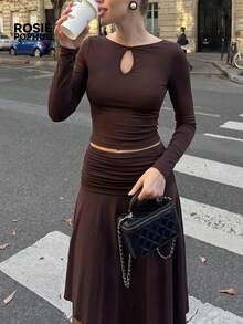 ROSIE POPHUB Setelan Wanita Cokelat 2 Potong Atasan Potongan Lubang Kunci Elegan Slim Fit Rok Midi Asimetris Berkerut Natal Perjalanan Sehari-hari Musim Gugur Musim Dingin - Coffee Brown - View 4