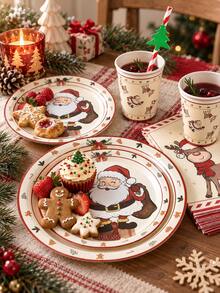 10/20pcs Christmas Disposable Paper Tableware Set (Includes 7" And 9" Plates, Cups, Napkins, Straws), Featuring Vintage Santa Claus, Reindeer, Gingerbread Man, Holly And Candy Cane Holiday Gift Patterns, Suitable For Christmas Parties, Holiday Dinners, Winter Celebrations And Festive Table Decor - Multicolor 4 - View 3