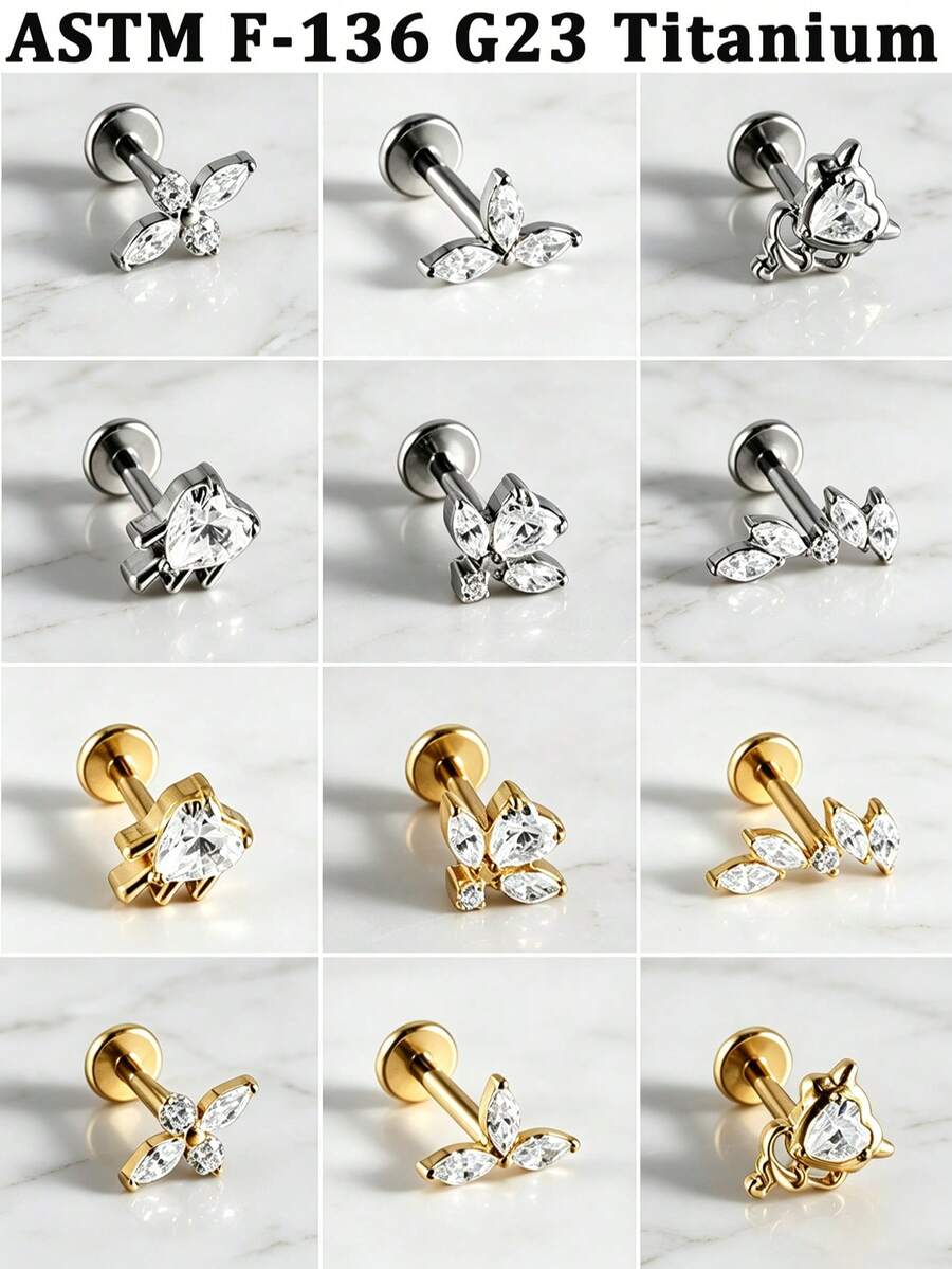 1 Buah Anting-anting CZ Berkilau Bentuk Salib Marquise Bunga Jahat ASTM Titanium Padat Ulir Internal Bertatahkan Gugus Zirkonia Datar untuk Bibir Hidung Tragus Tulang Rawan - 1 tindik bibir titanium - View 1