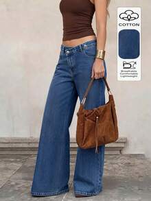 Asymmetrical Waistband Denim Jeans For Women, New Mid-Waist Design With Diagonal Buttons, Straight Leg Long Pants - Dark Wash - View 2