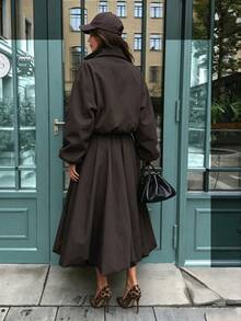 Women's 2 Pieces Set, Loose Jacket & High-Waist Flowy Long Skirt, Minimalist Vintage Elegant Style, Suitable For Autumn Commute, Date, Outing, Travel & Daily Wear - Brown - View 6