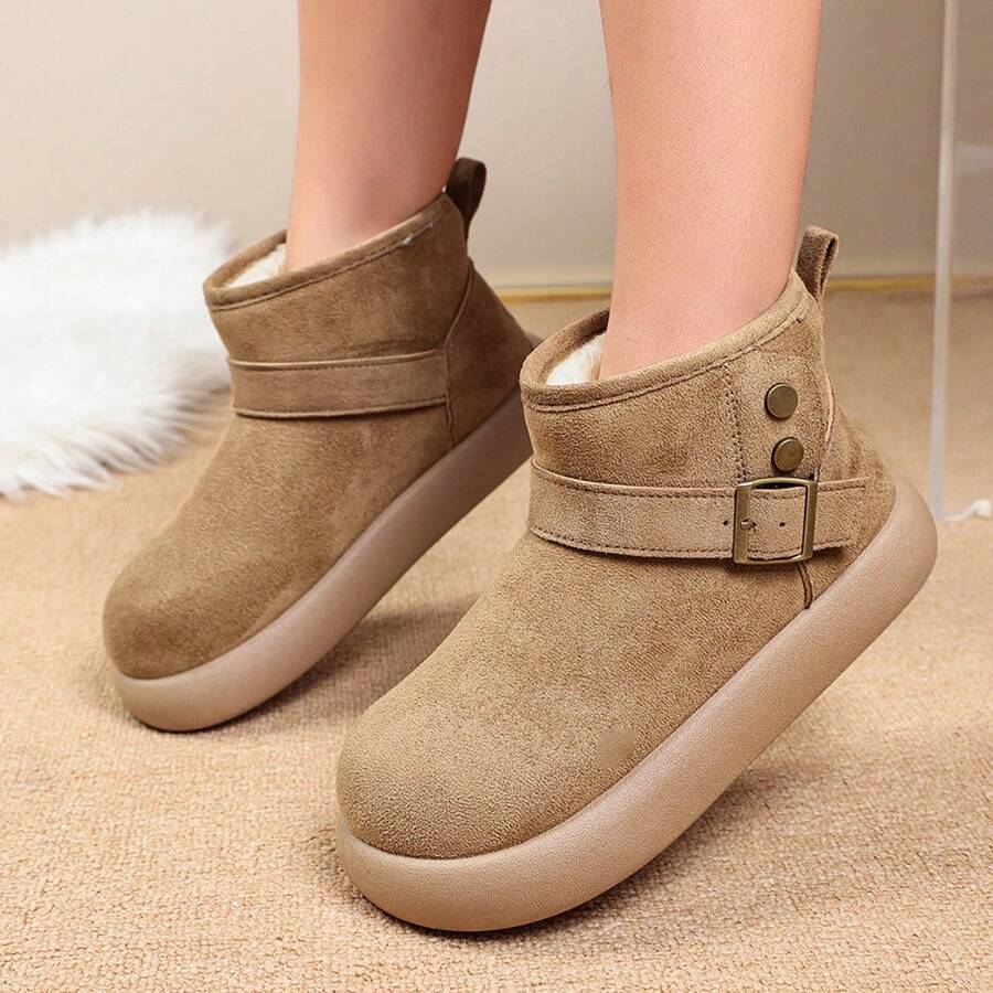 Women's Retro Buckle Short Fuzzy Boots, Side Zipper, Plush Lining, Skin-Friendly Fleece, Machine Washable, Versatile Warm Short Home Boots For Indoor And Outdoor Wear - Khaki - View 1