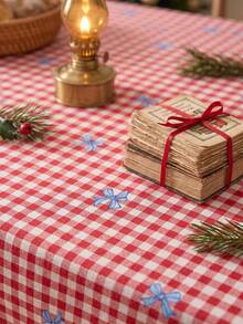 1pc Red & White Classic Small Plaid Blue Bow Print Tablecloth, Traditional Country Style Rectangular Green Leaf Edge Pleated Detail Stain-Resistant Protective Table Cover, Suitable For Christmas Family Gathering And Winter Holiday Dining Room Decor - Red - View 3