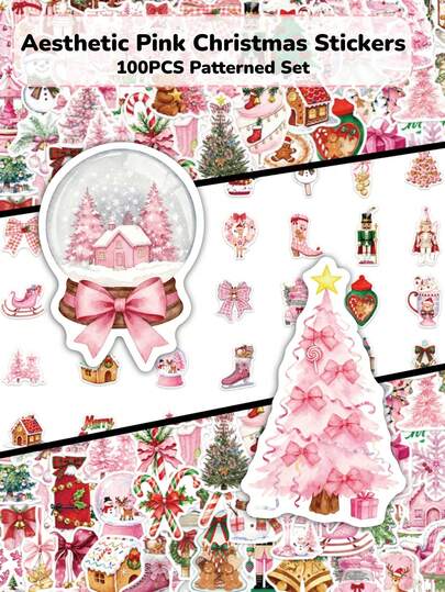 100pcs Pink Christmas Aesthetic Stickers, Watercolor Girl Pink Christmas Tree Gingerbread House Design, Suitable For Water Bottles, Skateboards, Scrapbooks, Phone Cases, Pen Holders, Etc., Perfect For DIY, Gift Decoration, Holiday Party Gifts