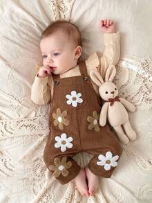 Baby Girl Autumn 2 Pieces Set, Flutter Sleeve Ribbed Top And 3D Floral Corduroy Long Pants, Gentle Style For Daily Wear And Outings - Brown - View 7