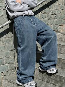 Men's Vintage Light Wash Big Pocket Wide Leg Jeans, Street Style Printed Loose Silhouette Denim Pants - Blue - View 2