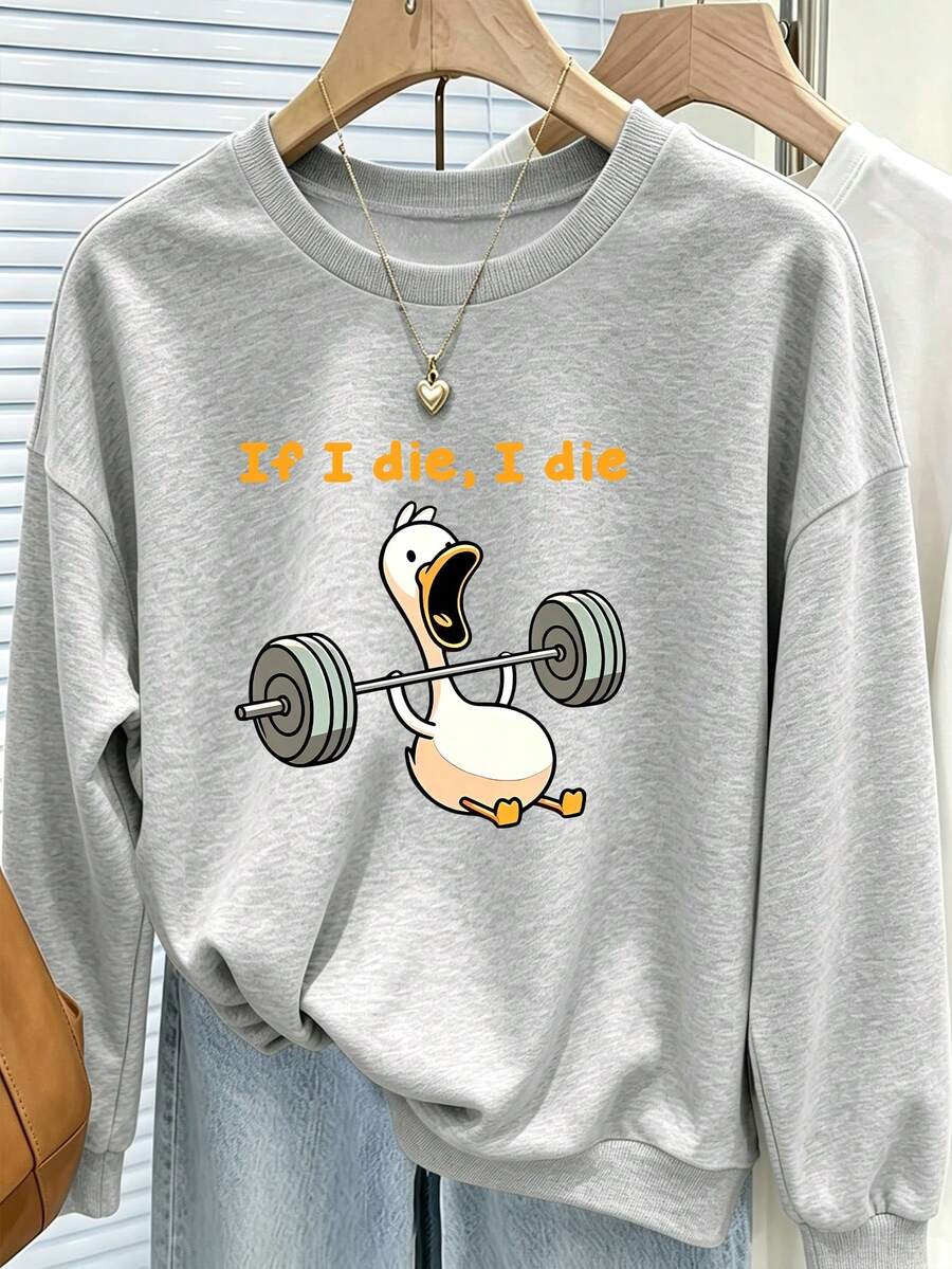 Plus-Size Women's Casual Sporty Crewneck Sweatshirt With A Fun Weightlifting Duck "If I Die, I Die" Slogan Graphic Print Perfect For Autumn And Winter - Grey - View 1