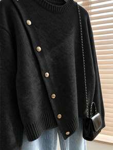 Elegant Women's Grey Long Sleeve Sweater, Rib-Knit With Stylish Asymmetrical Design And Gold Button Embellishments For Fall Winter - Black - View 3