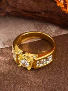1PC Business Men's Fashion Luxury Personalized Round White Cubic Zirconia Ring, Wedding Engagement Party Jewelry Gift - Gold - View 3