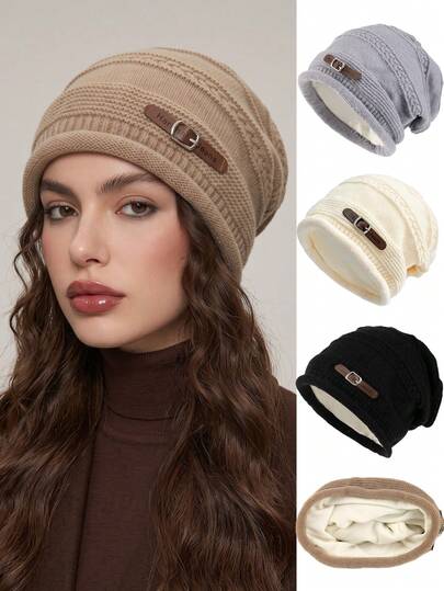 3/2/1pc Unisex Fleece Lined Loose Knit Beanie, With Fashion Leather Patch, Soft Fashion Warm Winter Hat For Women