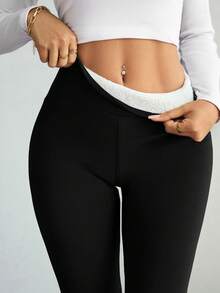 Women's Autumn/Winter Thermal Lined Warm Leggings, Solid Color High Elasticity Sports Pants, Winter Sportswear - Black - View 1