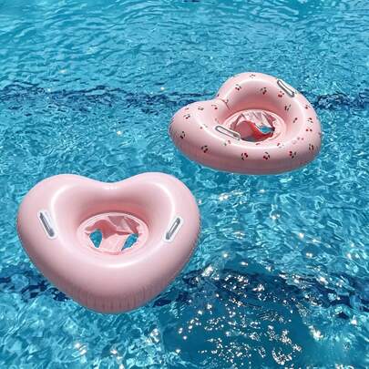 1pc Kids Heart-Shaped Inflatable Swim Seat Float, Pink Cherry Print & Glitter Transparent Dual Design, With Handle Anti-Flip Swimming Ring, Toddler Pool Water Swimming Training Equipment