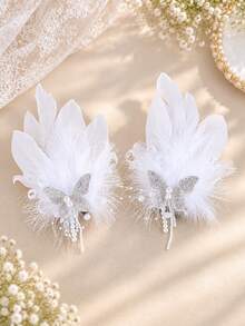KOVLYNE 2pcs White Feather Princess Hair Clips With Rhinestone Butterfly And Pearl Tassel, Elegant Bridal Hair Accessories For Wedding, Party, Photography And Special Occasions - White - View 4