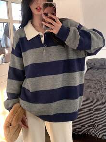 Atasan Pullover Longgar Berkerah Polo Bergaris Blok Warna Gaya Korea Baru Musim Gugur/Dingin - Biru dan abu-abu - View 2