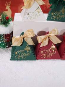 5 Buah Kotak Hadiah Piramida Selamat Natal dengan Pita Satin, Motif Pohon Natal Emas & Kepingan Salju, Kotak Hadiah Mini Elegan Merah Hijau Putih untuk Pesta Natal, Hadiah Liburan, Pernikahan & Acara Meriah - 7,5X7,5X7,5cm - View 6