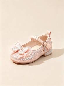 1 Pair Little Girls Pink Mary Jane Princess Shoes, Glitter Rhinestone Butterfly Decor Low Heel Ankle Strap Kids Pumps For Wedding Party Birthday - Pink - View 4