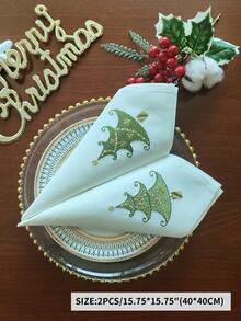 1pc 100% Polyester Christmas Tree Embroidered Fabric Napkin, White Reusable Dinner Napkin For Holiday Christmas Home Dining Party Banquet Table Decor - Multicolor - View 13