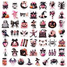 50pcs Pink & Black Halloween Cartoon Stickers, Cute Cartoon Stickers For Water Bottle, Luggage Decoration - 50pcs Pink & Black Halloween Stickers - View 6
