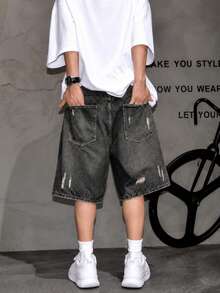 Men's Summer Street Fashion Distressed Washed Denim Shorts - Dark Grey - View 2