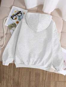 Girls' Fresh Pastoral Style Letter & Floral Print Hoodie Sweatshirt With Personalized Print Loose Wide Leg Pants, 2-Piece Set For Autumn/Winter - Light Grey - View 5