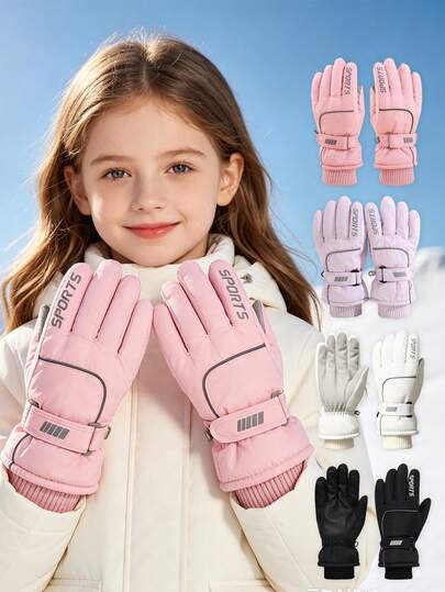 1pair Kids Sports Gloves, Adjustable Strap Full Finger Athletic Gloves, Classic Printed Active Gloves For Boys Girls Outdoor Play Cycling Skiing