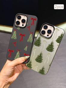 2pcs Christmas Tree Print TPU Shockproof Full Coverage Precision Protective Case Compatible With Apple 11/12/13/14/15/16/16Pro/16ProMax/17/17pro/17ProMax/18pro 18ProMax - Multicolor - View 4