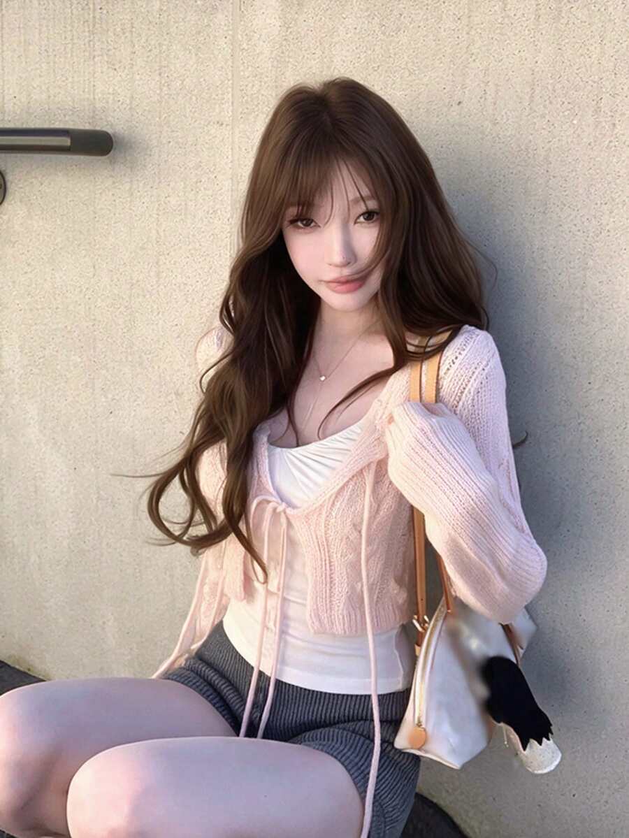 Korean Style Ins Elegant Gentle Short Cable Knit Cardigan With Tie - Pink - View 1