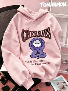 TOMARMON Cartoon Print Drop Shoulder Long Sleeve Casual Daily Tween Girl Pullover Sweatshirt Top - Pink - View 4